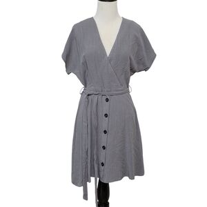 SADIE & SAGE Anthropologie gray linen mini dress, short sleeve rayon wrap V neck